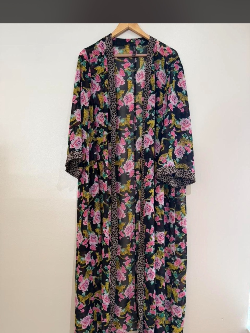 Torrid Kimono 2X Black Floral Cheetah Chiffon Tie Front Maxi Coverup 57" long